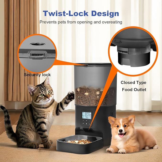 ANDOLL HOME Automatic Cat Feeder, 6L Cat Food Dispenser with 10s Voice Recorder, Pet Feeder up to 8 Meals per Day, Timed Feeder with Dry Food Sealed Ring (Black)