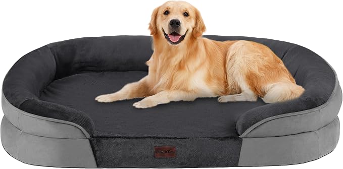 Dwanton Orthopedic Dog Bed for Large Dogs with Gel Memory Foam, Waterproof Dog Sofa, Washable Pet Bed with Four Sided Bolster Cushion, Removable Cover & Non-Slip Bottom, 42", Dark Grey