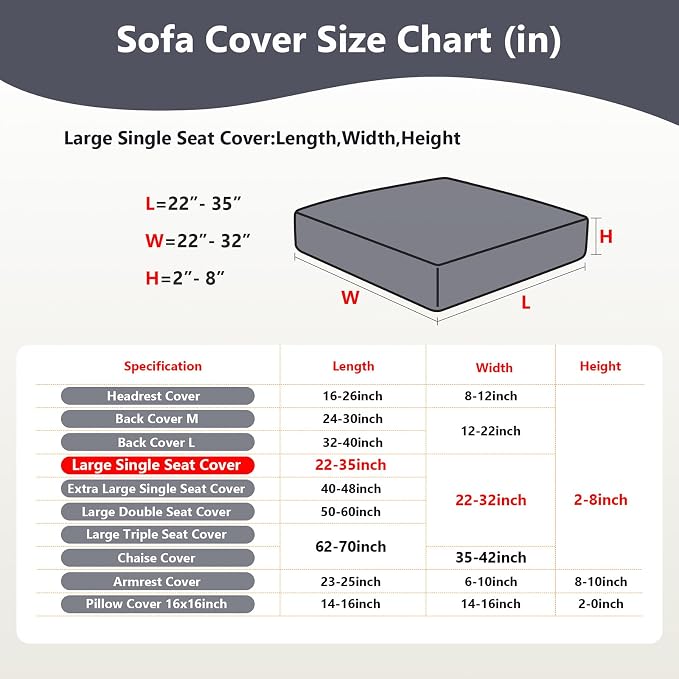 Yoovat Couch Cushion Covers for Sofa Couch Covers Wear-Resistant Universal Sofa Cover Washable Stretch for Sectional Slipcovers (Texture-Gray,Large Single Seat Cover)