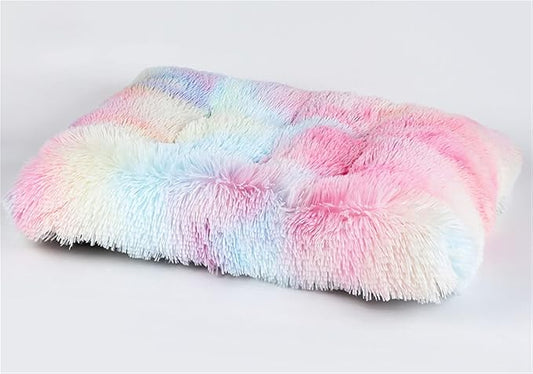 Long Plush Calming Pet Bed Cuddler Pet Bed for Dogs and Cats Fluffy Faux Fur Dog Bed with Anti Slip Bottom Machine Washable Pet Sleep Bed Crate Mat Gradient Colorful L