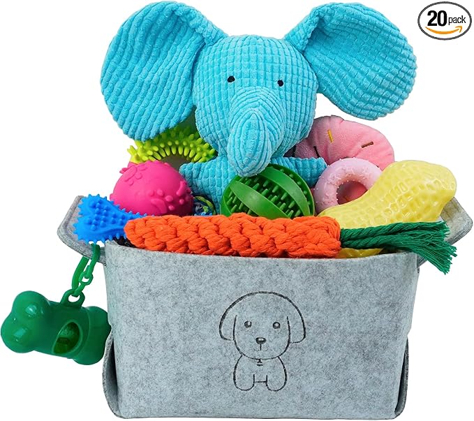 MRSOHRET 20Pcs Puppy Chew Toys for Teething, Dog Chew Toys with Rope Toys, Pet Dog Toothbrush, Treat Balls, Plush Toys and Squeaky Toy for Small Medium Dogs with Basket (20 Pack Elephant)