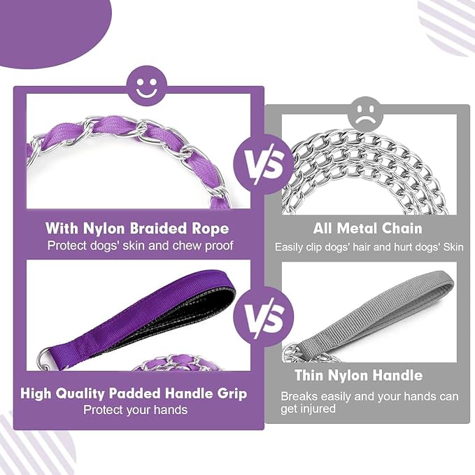 Heavy Duty Metal Dog Chain Leash with Comfortable PU Leather Padded Handle, Chew Proof for Medium Large Pooch Walking Training (4FT 3.0mm Purple)