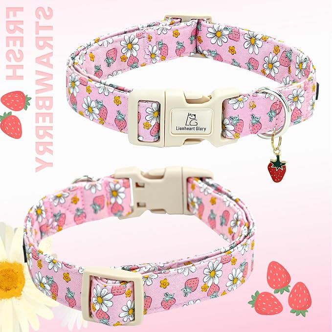 Lionheart glory Dog Collar Strawberries Print Pink Dog Collars Girl Spring Summer Cute Collar Pet Gift Durable Adjustable Dog Collar for Medium Dogs
