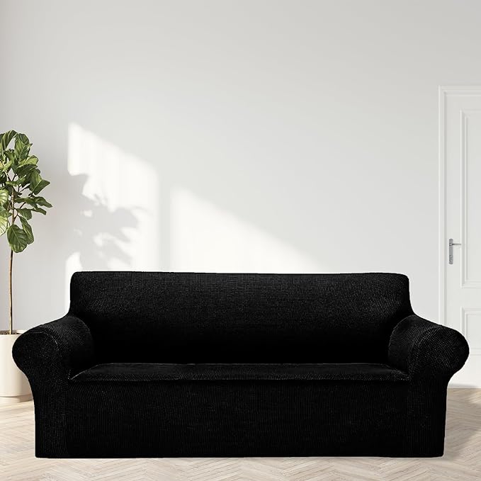 Cupuamon 2026 New Stretch Sofa Slipcovers Couch Cover for 3 Cushion Furniture Protector Sofa Covers with Elastic Bottom Jacquard Fabric Small Checks for Pets, Kids -Sofa, Black