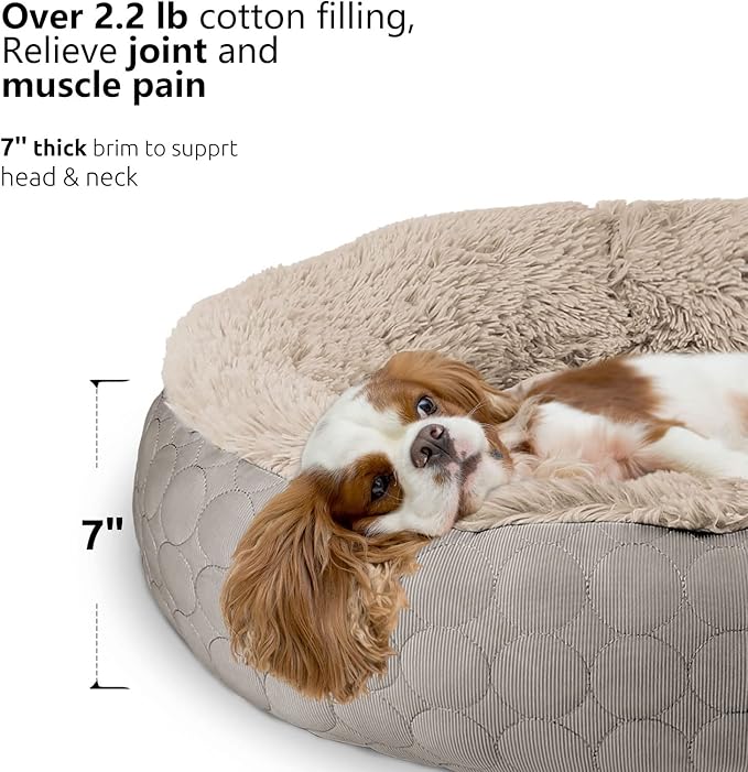 HACHIKITTY Dog Donut Round Calming Bed, Fluffy Dog Bed for Medium Large Dogs, Cooling Warming Soft Dog Cushion Bed, Double Sided Available Dog Bed with Warm & Cool Sides(24"x24"x7", Taupe)
