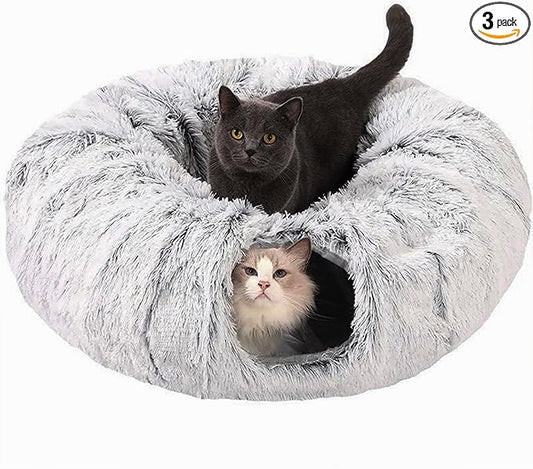 CLKHOWL Cat Tunnel Bed for Indoor Cats - Cute Cat Donut Tunnel with Washable Circle Cushion, Round Pet Play Toy for Kitten/Puppy/Rabbit, Grey