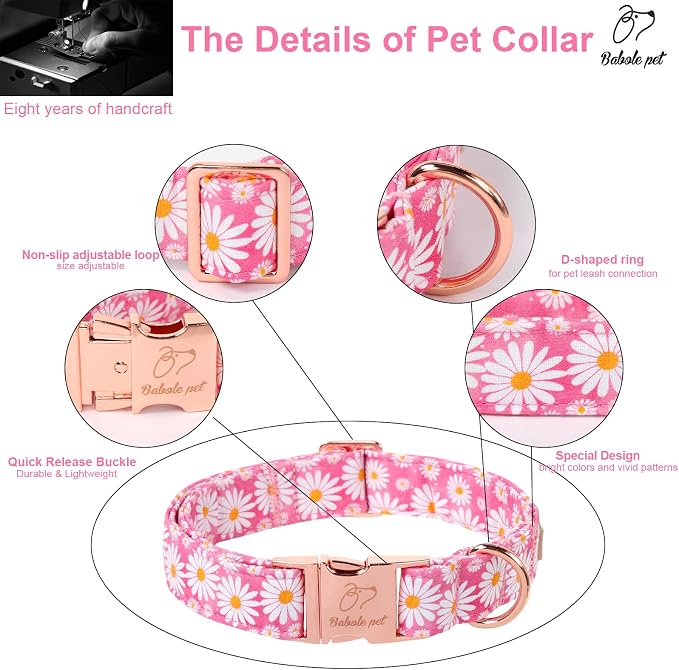 Pink Daisy Dog Collar, Cute Spring Flower Female Pet Collar with Metal Buckle, Soft Adjustable Designer Dog Collars for Small Medium Large Dogs S