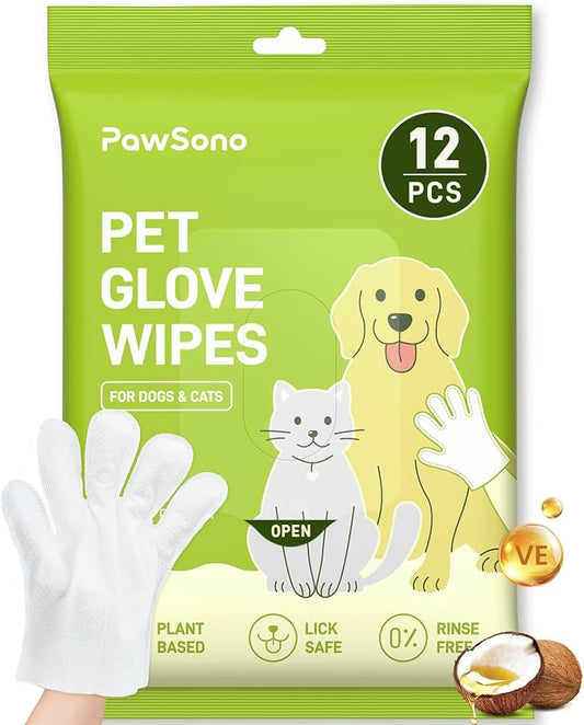12PCS Hypoallergenic Pet Glove Wipes for Dogs, Cats & Small Animals | No-Rinse Deodorizing Dog Wipes for Paws, Butt, Eyes & Ears | Pet Wipes for Stain & Odor Cleanup Between Baths & Travel