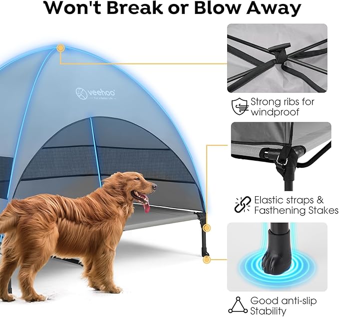 Veehoo Outdoor Dog Bed with Canopy, Portable Elevated Dog Bed with Sun Protection Shade Tent, Removable, Cooling Raised Dog Cot for Camping, Beach, 42 inches, Grey
