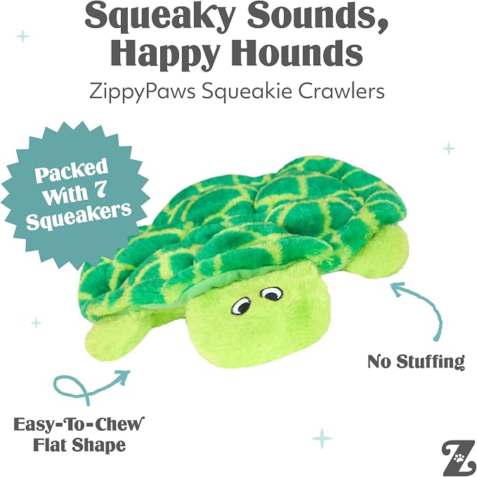 ZippyPaws Squeakie Crawler- No Stuffing Dog Toy to Keep Them Busy, For Small, Medium, & Large Dogs, Squeaky Pet Toy for Boredom, Unstuffed Chew Toy, Soft Plush Puppy Products, SlowPoke the Turtle- 10"
