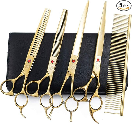 Professional Dog Grooming Scissors Set, 7 Inch/8 Inch Pet Grooming Scissors Chunkers Shears for Dog, Curved Dog Grooming Scissors, Thinning Shears for Dog with Grooming Comb