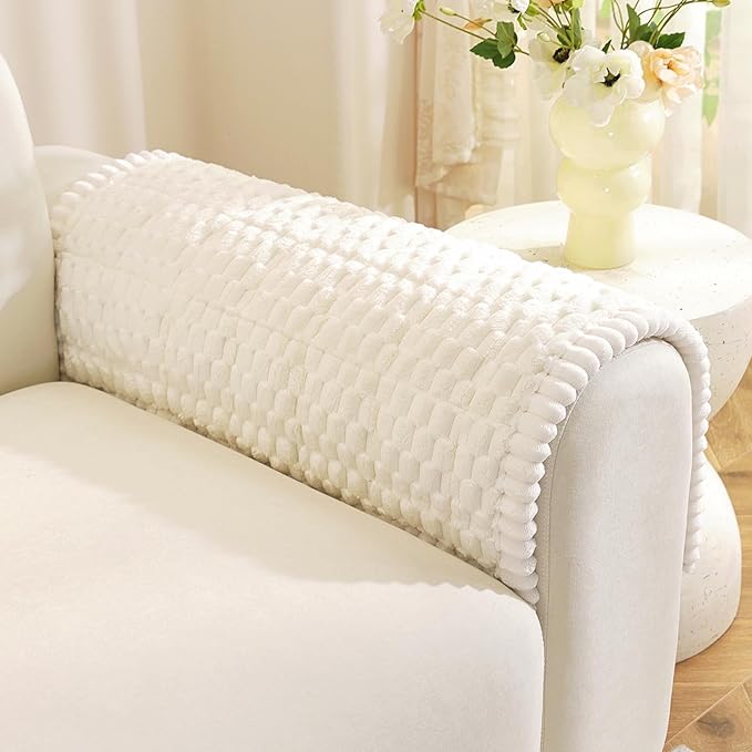 Royhom Couch Arm Covers, Arm Rest Covers for Sofa Set of 2, Thick Arm Chair Covers, Headrest Backrest Protector for Pets Recliner Loveseat Leather Cushion L Shaped Sofa (White, 20 x 24 Inch, 2 Pieces)