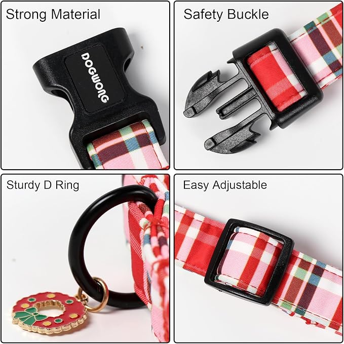 DOGWONG Christmas Dog Collar,Red Plaid Dog Collars, Adjustable Red Checkered Pet Collars Christmas Dog Collar for Small Medium Large Dogs