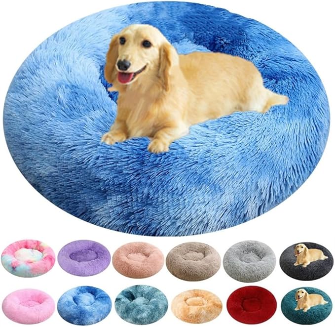 Dog Bed for Small Medium Large Dogs, 30 Inch Calming Dogs Beds, Anti-Anxiety Donut Cuddler Cat Bed with Anti-Slip Bottom, Fluffy Faux Fur Washable Pet Cushion Beds, Blue White