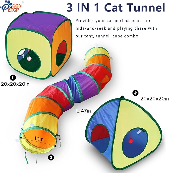 GONPETGP Cat Tunnel and Cubes Combo, Indoor Cat Tunnels with Play Ball, Interactive Crinkle Collapsible Tent and Cubes, All in One Set of 3