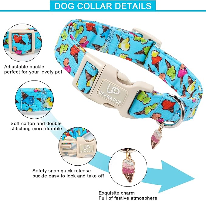 Summer Dog Collar, Colorful Icecream Cotton Dog Collar with Quick Release, Summer Collars for Small Medium Large Boys Dogs, Cute Durable Comfortable Pet Collars