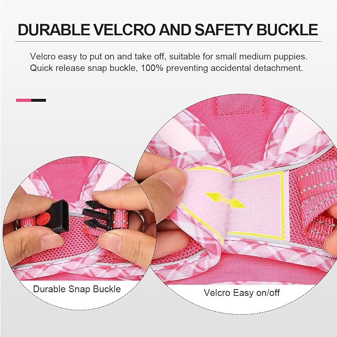Mercano Soft Mesh Dog Harness and Leash Set, Step-in Reflective Breathable Lightweight Vest Harnesses with Safety Buckle for Small Dogs, Cats (M, Fuchsia)