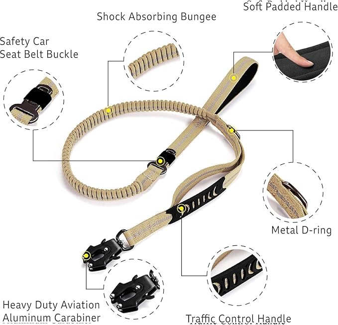Heavy Duty Tactical Dog Leash, 4-6FT Shock Absorbing Tactical Leash with 2 Padded Handles, Metal Carabiner Clip,Car Seatbelt, Reflective Heavy Duty Leashes for Medium Large Dogs (Brown)