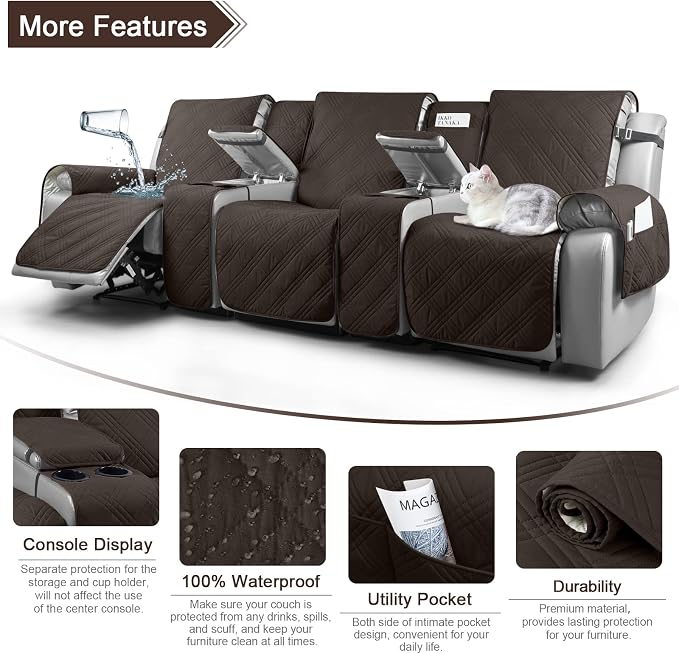 TAOCOCO 100% Waterproof Recliner Couch Covers with Console, Sofa Covers for Reclining Sofa 3 Seat with Straps Design, Split Recliner Sofa Cover Furniture Pets Kids Protector (3 Seater, Chocolate)