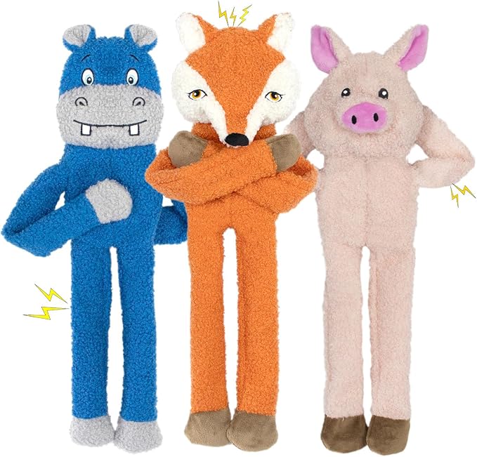 3 Pack No Stuffing Crinkle Squeaky Plush Dog Toy | Interactive, Not for Aggressive Chewers, suit for small medium large breed tug game Orange Fox Pink Pig Blue Hippo