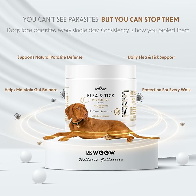 Dog Flea & Tick Prevention Chews – Daily Defense Supplement for Parasites, Gut & Immune Support – Natural Formula Soft Chews – Made in USA – Dr. Woow (120 Ct)