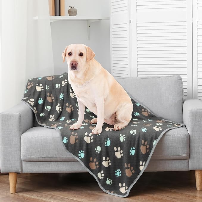 Tegeme 12 Pcs Pet Blankets 41 x 30 Inch Soft Fluffy Fleece Dog Cat Warm Paw Print Pattern Blankets Flannel Throw for Pets Dog Puppy Cat(Gray)