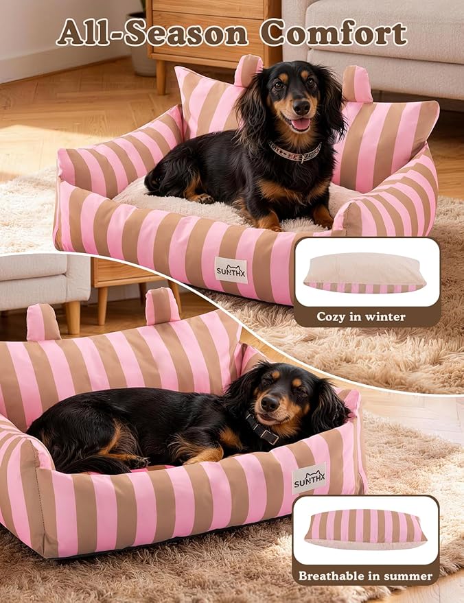 Cat Couch, Reversible Pet Bed for Indoor Cats – 2-Sided Cat Sofa with Oxford Fabric and Plush Fleece, Washable Small Dog Couch for Puppies and Senior Pets, Non-Slip Bottom, 28 inch, Pink Brown