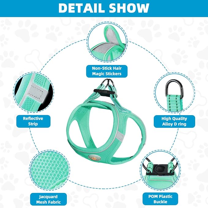 Hipubby Dog Harness and Leash Set, No Pull Soft Mesh Puppy Harness for Small Medium Dogs, Cats - Step in Reflective Breathable Lightweight Vest Harness for Walking, Training - Green, XXS