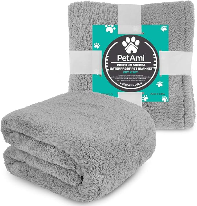 PetAmi Fluffy Waterproof Dog Blanket for Couch and Bed, Reversible Sherpa Pet Throw, Pee Proof Furniture Protector Sofa Cover, Washable Cat Blanket for Small Medium Dogs and Cats (Light Grey, 24x32)