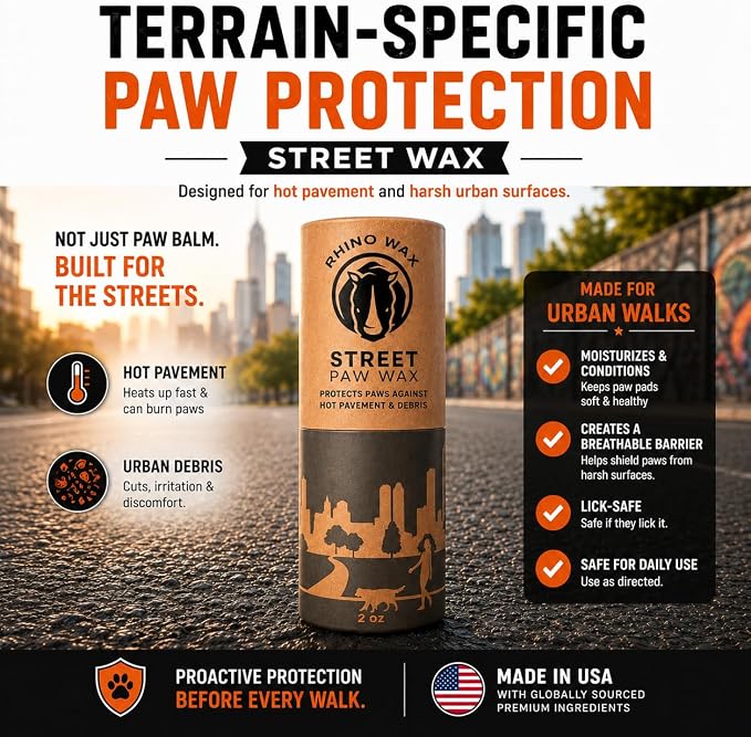 Rhino Wax - Dog Paw Protector for Hot Pavement - Use Street Wax Before Taking Dogs on Asphalt - Balm Protects from Warm Surfaces Rocks Road Debris - Great for Dogs who Hate Dog Shoes for Hot Pavement