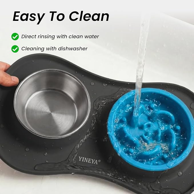 YINEYA 3 in 1 Slow Feeder Dog Bowls & Stainless Steel Food and Water Bowl with Non-Spill Dog Bowl Mat, Anti-Choking Puppy Bowls, Floor Safe & Easy Clean for Large Medium Small Dogs Cats