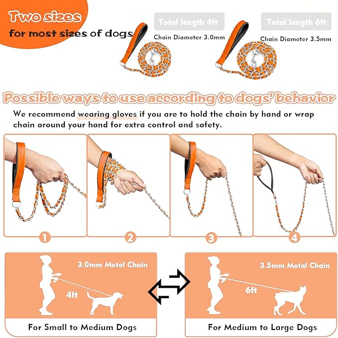 Heavy Duty Metal Dog Chain Leash with Comfortable PU Leather Padded Handle, Chew Proof for Medium Large Pooch Walking Training (6FT 3.0mm Orange)