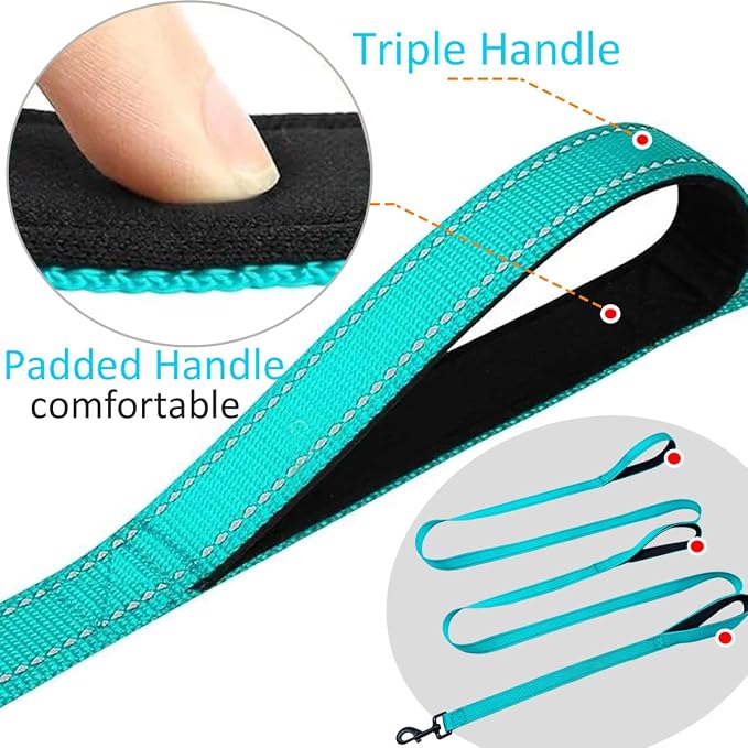 3 Handle Dog Leash, 10FT Triple Handle Dog Leash Heavy Duty with Reflective Stitching, Padded Traffic Handles for Training, Control & Safety -Turquoise