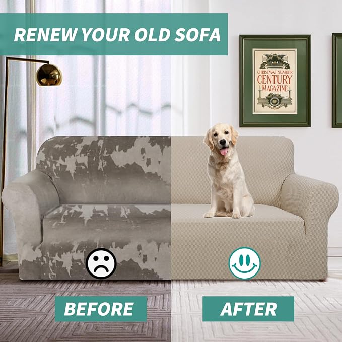 YEMYHOM Couch Cover Latest Jacquard Design High Stretch Sofa Covers for 2 Cushion Couch, Pet Dog Cat Proof Loveseat Slipcover Non Slip Magic Elastic Furniture Protector (Medium, Khaki)