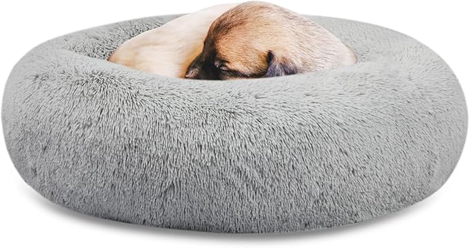 SAVFOX 20 inches Calming Donut Dog Bed - 3X Durable Plush Faux Fur, Machine Washable & Non-Slip, Fits up to 15 lbs, Light Grey