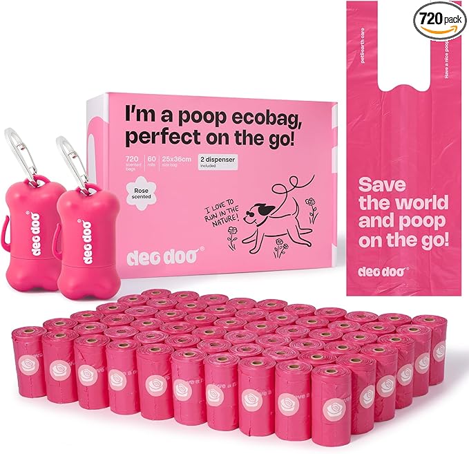 Deo Doo Dog Poop Bags with Handles 60 Rolls 720 Counts Big Sizes Leak Proof and Extra Thick Waste Bags Refill Rolls for Walking Small Medium Large Dogs Cats Litter With 2 Dispensers Rose Scented