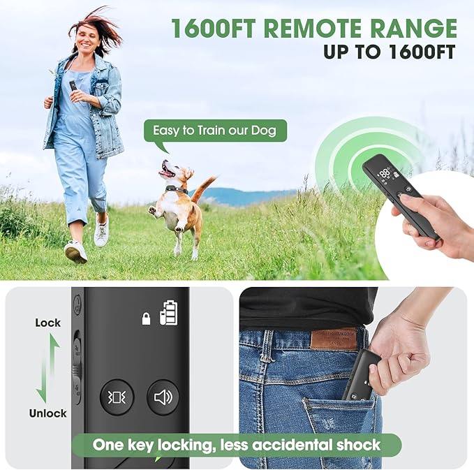 Dog Shock Collar - Electric Dog Training Collar with Remote 1600FT, Rechargeable E-Collar Waterproof Collars with 3 Training Modes, Security Lock for All Breeds, Sizes
