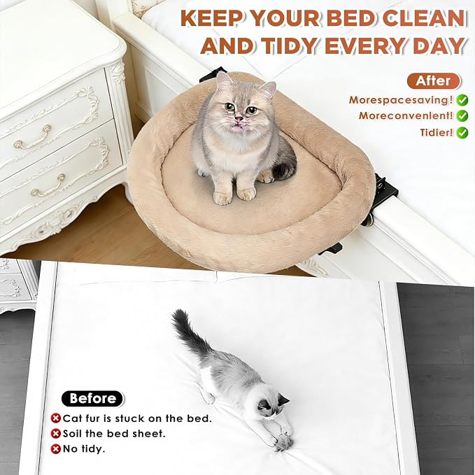 IPOW Heavy Duty Steel Frame 180°Rotating Cat Bedside Bed Semi-Circular Cat Bed for Bedside, Soft Faux Rabbit Fur Material, Suitable for Various Desktops-Maximum Hold Up to 40lb