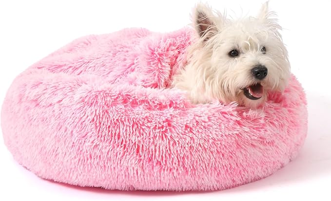 Calming Donut Dog Bed with Hooded Blanket – Plush Fluffy Cave Bed for Small & Medium Dogs, Machine Washable Anti-Anxiety Pet Bed for Cats