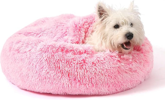 Calming Donut Dog Bed with Hooded Blanket – Plush Fluffy Cave Bed for Small & Medium Dogs, Machine Washable Anti-Anxiety Pet Bed for Cats