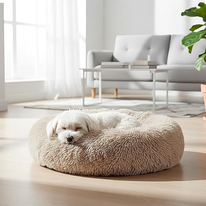 PetAmi Calming Dog Bed for Small & Medium Dogs, Cats & Puppy, Warming Round Donut Cuddler Bed, Anti-Anxiety Fluffy Shaggy Faux Fur Pet Bed, Machine Washable, Non-Slip Bottom, 23 Inch - Taupe