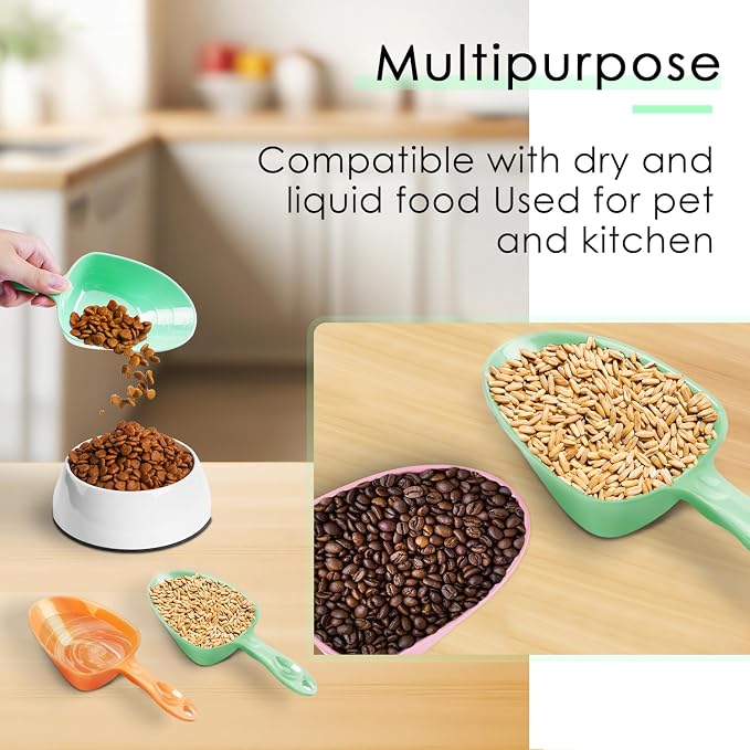 Melamine Pet Food Measuring Scoop, 1 Cup 1/2 Cup 1/4 Cup with Clear Measurement Lines for Dog, Cat, Bird, and Rabbit, Durable, Ergonomic Handle, Dishwasher safe-Green & Purple
