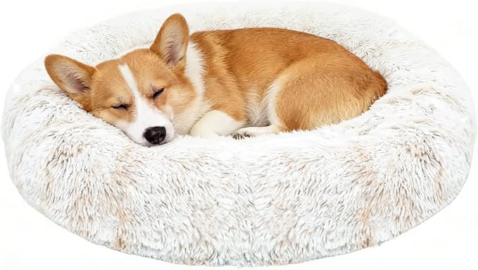 JOYELF Donut Dog Bed Cat Bed for Medium Dogs, Calming Pet Bed Ultra Soft Faux Fur Cuddler Round Self Warming Sleeping Bed for Dogs and Cats