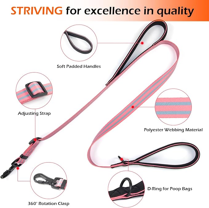 Dog Leash for Large Dogs, Double Handle Heavy Duty Adjustable Leash with Soft Padded Handles, Traffic Control Training Lead for Walking, Running (Pink & Grey Stripe, 4 ft)