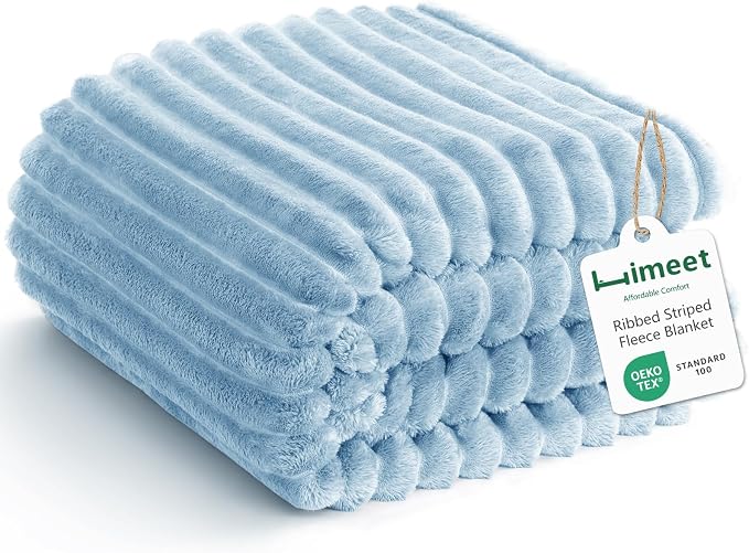 HIMEET Fleece Light Blue Throw Blanket for Bed - 300GSM Ribbed Soft Cozy Blanket for Couch, Graduation Birthday Gifts for Women Men Dad, College Dorm Essentials Minimalist Room Throws, 50x60 Inches