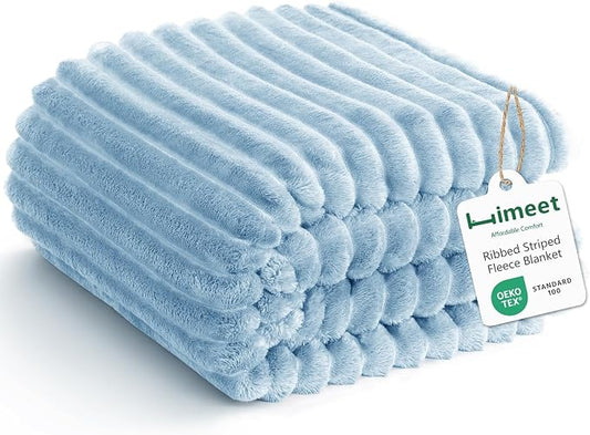 HIMEET Fleece Light Blue Throw XL Blanket for Couch - 300GSM Ribbed Cozy Outdoor Blankets for Travel Camping Nap, Birthday Gifts for Women Men Him, Long Sofa Room Decor Office Throws, 50x70 Inches