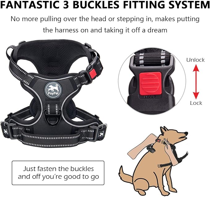 PoyPet No Pull Dog Harness, No Choke Front Lead Dog Reflective Harness, Adjustable Soft Padded Pet Vest with Easy Control Handle for Small to Large Dogs(Black,L)