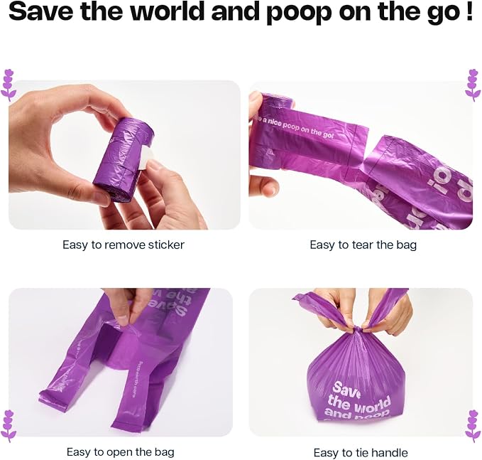 Deo Doo Dog Poop Bags with Handles 9 Rolls 108 Counts Big Sizes Leak Proof and Extra Thick Waste Bags Refill Rolls for Walking Small Medium Large Dogs Cats Litter With Holder Lavender Scented