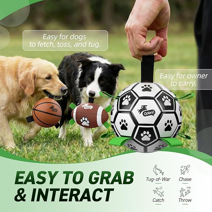 QDAN Dog Soccer Ball Football Basketball Set - 3 PCS Dog Balls with Strap for Tug of War, Soccer Ball Football Toys for Small Medium Large Dogs, Herding Ball for Dogs, Dog Birthday Toy