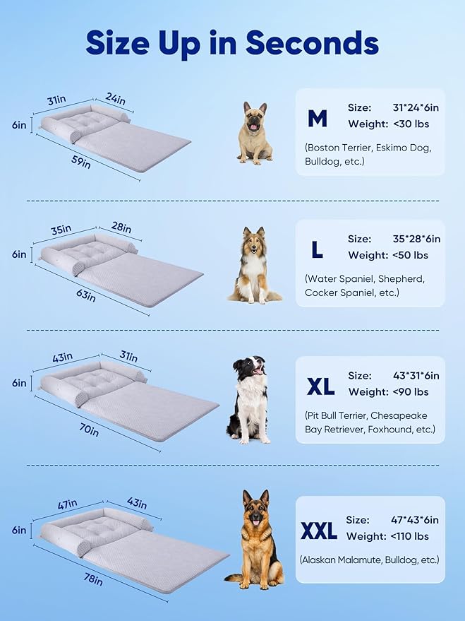 Rywell 3-in-1 Cooling Dog Beds Large Sized Dog, Dog Cooling Mat with Arc-Chill Tech (Q-Max>0.5), Dog Crate Pad for Summer, Non-Slip & Fully Machine Washable, Gift for Dog Lovers, 43" x 31", Grey
